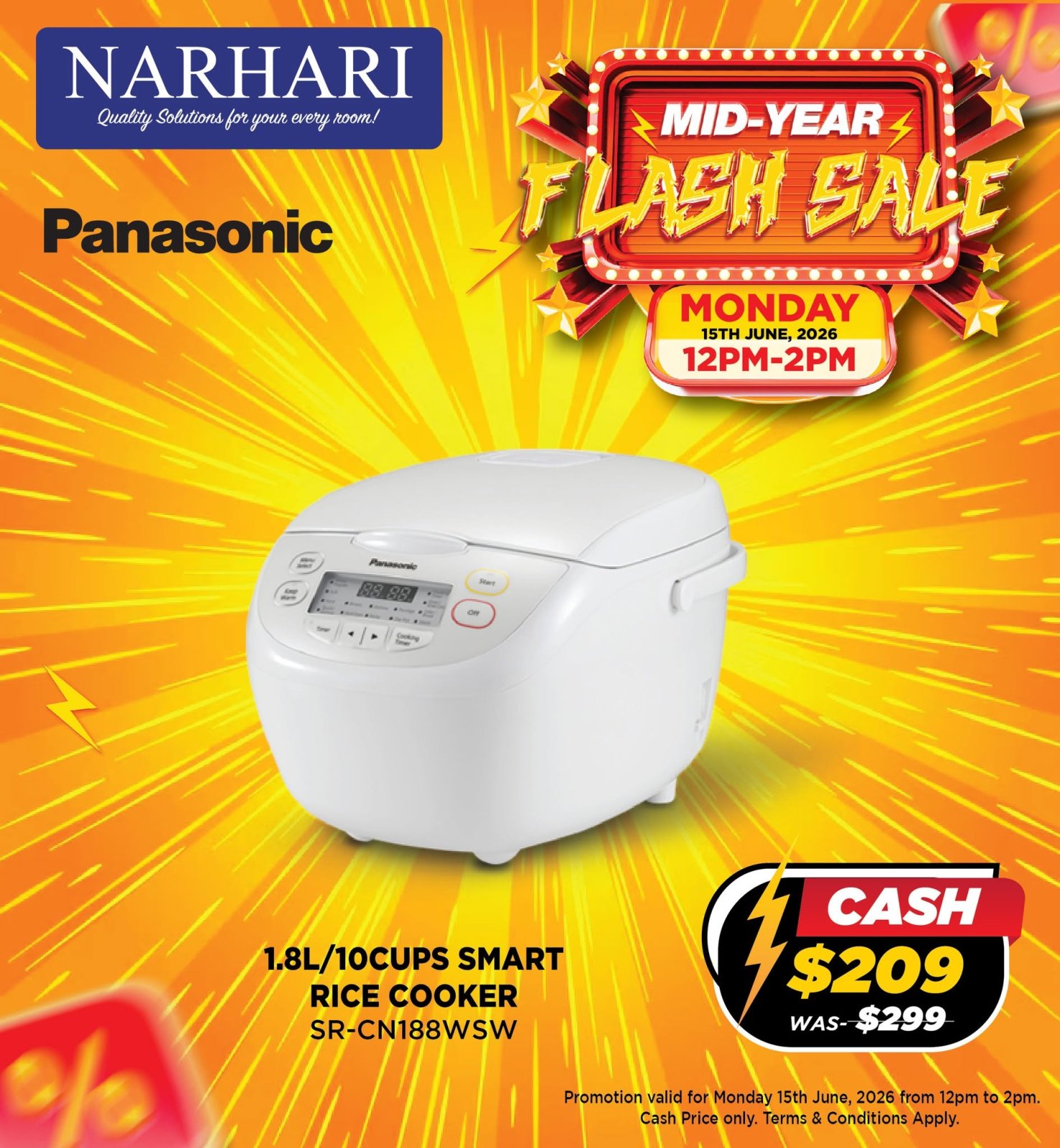 Panasonic 1.8L/10 Cups Smart Rice Cooker SR-CN188WSW