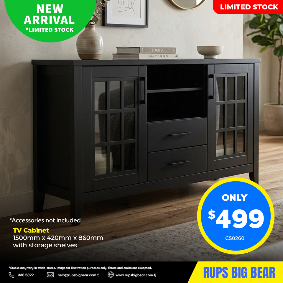 TV Cabinet - Black with Glass Doors