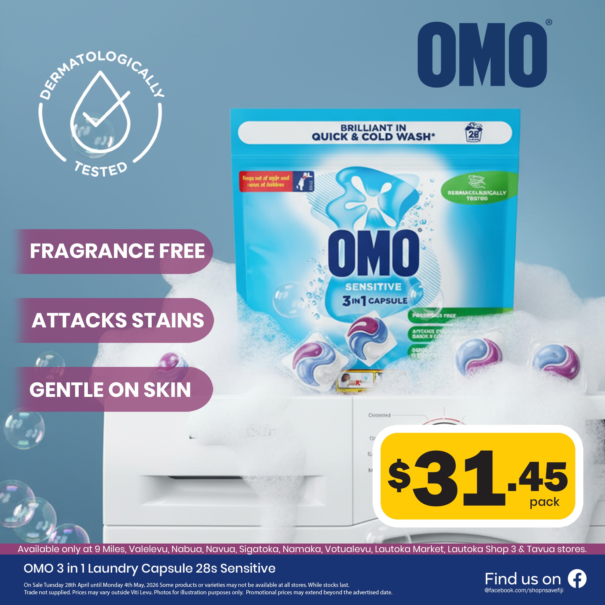 OMO 3 in 1 Laundry Capsule 28s Sensitive