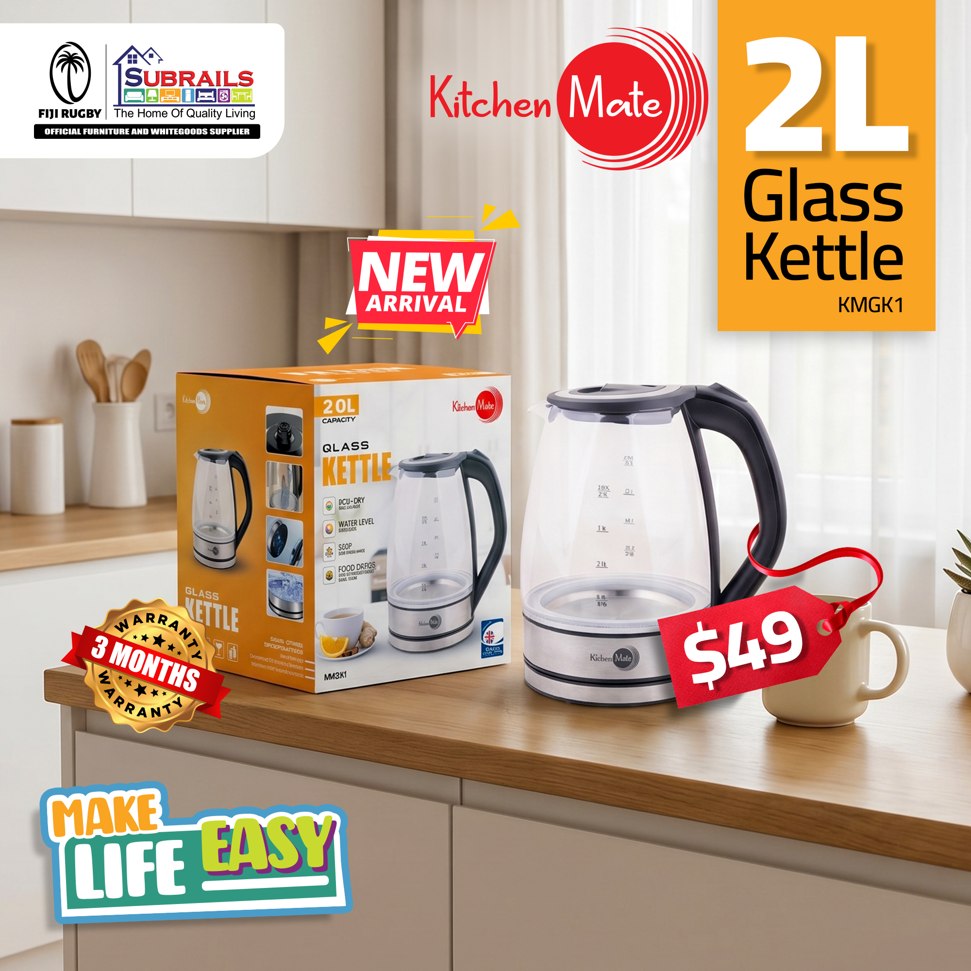 Kitchen Mate 2L Glass Kettle