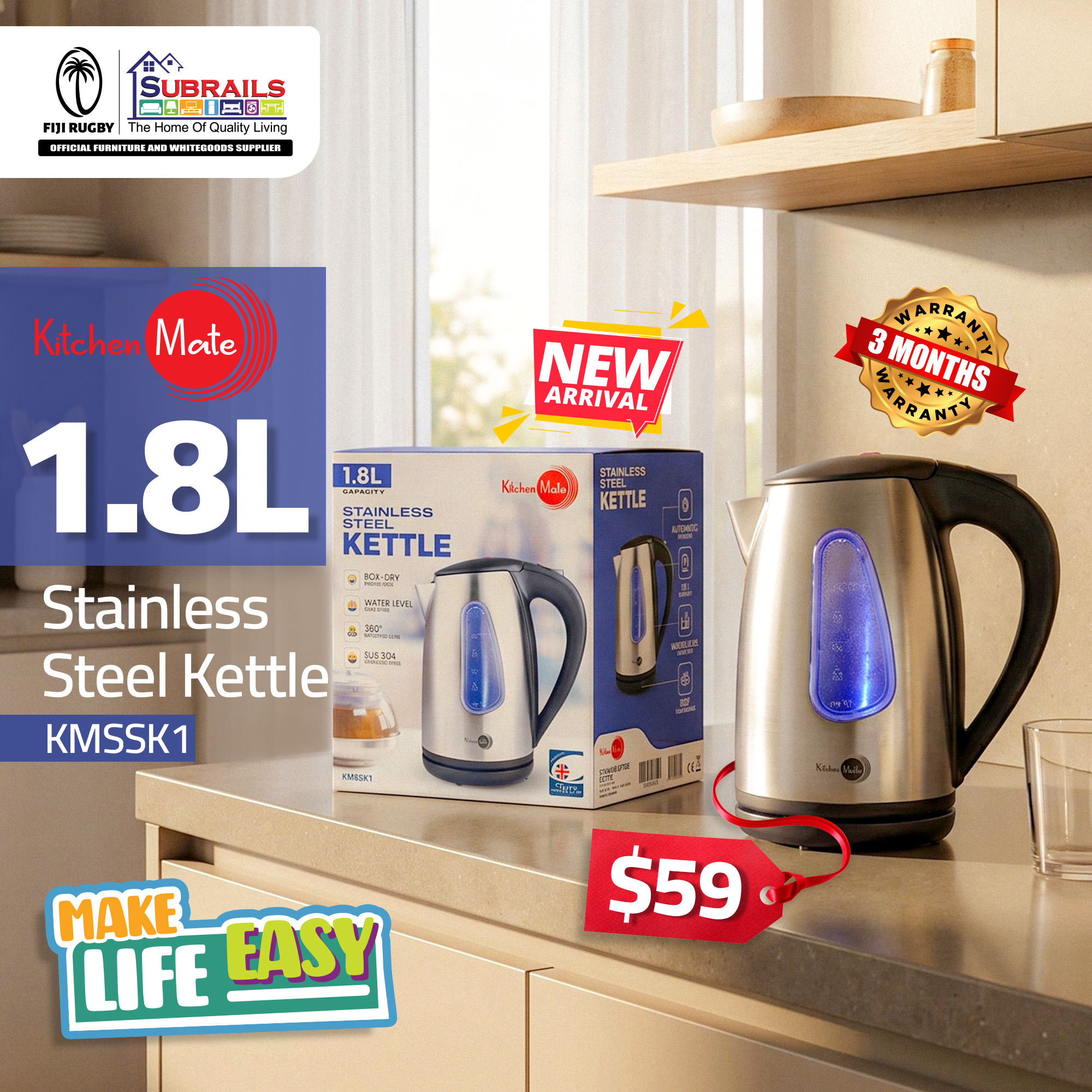 Kitchen Mate 1.8L Stainless Steel Kettle KMSSK1