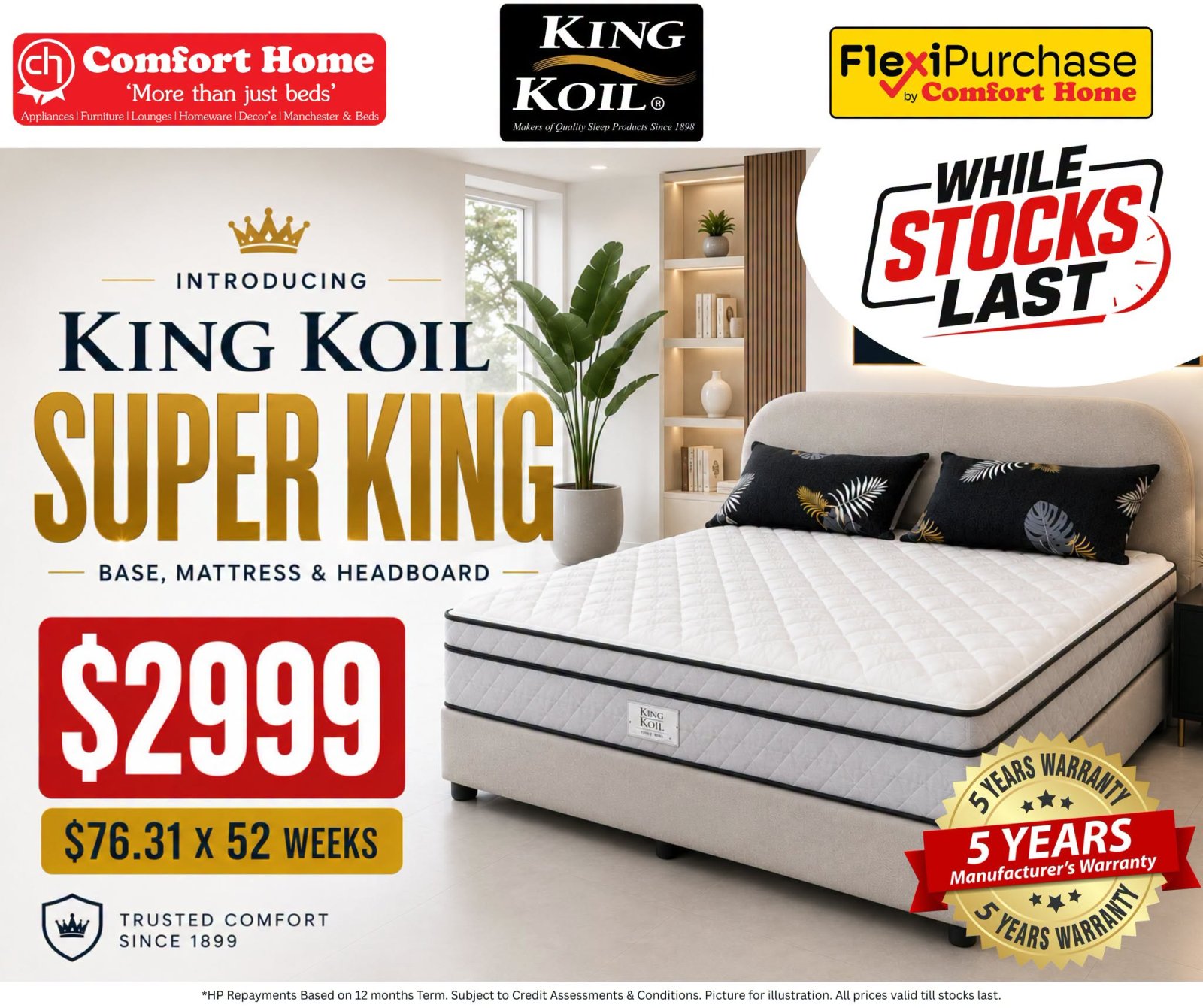 King Koil Super King Bed Base, Mattress & Headboard